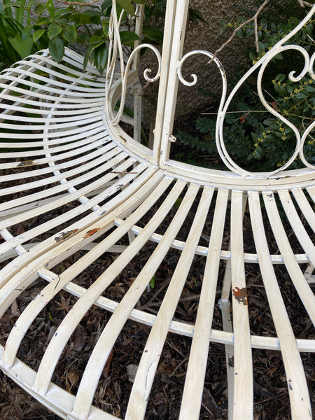 Half Tree Surround with Bench Seat, Distressed Antique White, Heavy Gauge Iron