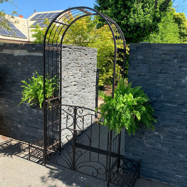 Arch Metal with Gate and Planters in Rustic Brown 162x40x221cm