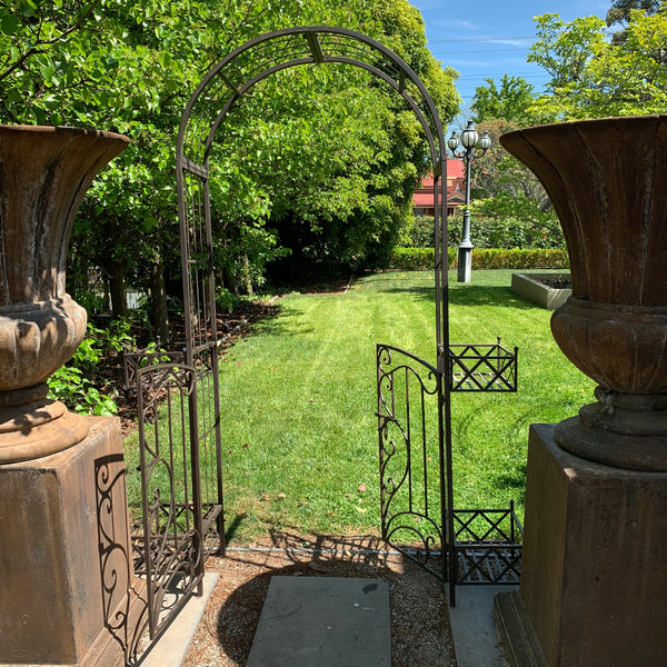 Arch Metal with Gate and Planters in Rustic Brown 162x40x221cm