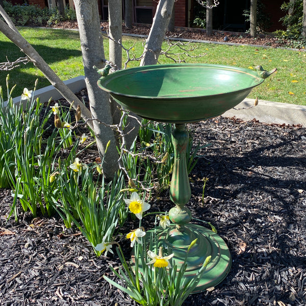 Birdbath/ Birdfeeder Metal Extra Large with Birds Décor in Antique Rustic Green 58x49x74cm high