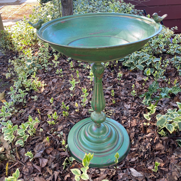 Birdbath/ Birdfeeder Metal Extra Large with Birds Décor in Antique Rustic Green 58x49x74cm high