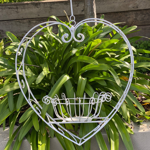 Wrought Iron Hanging Heart Pot Plant Candle Holder Rustic Cream - Large