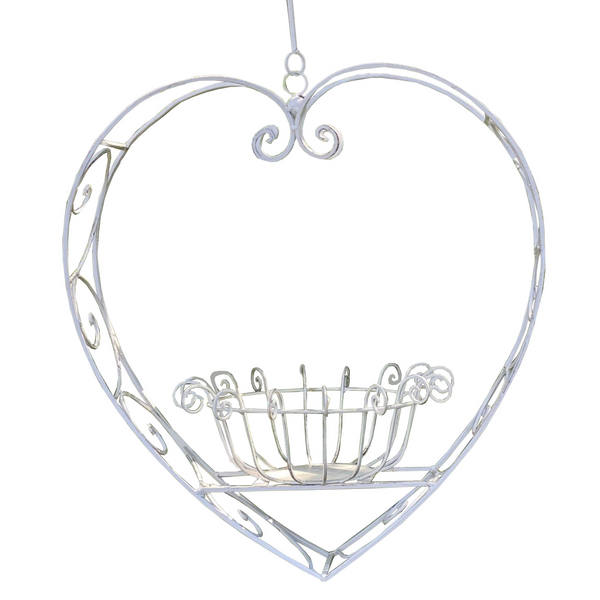 Wrought Iron Hanging Heart Pot Plant Candle Holder Rustic Cream - Large