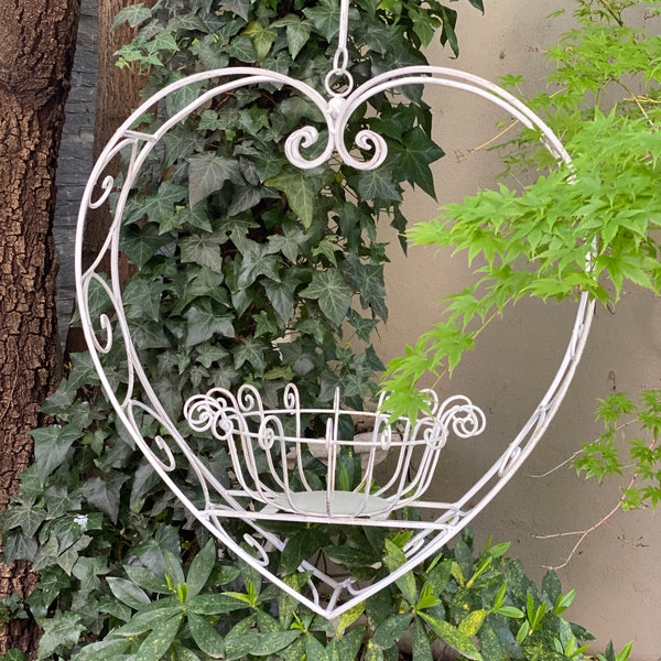 Wrought Iron Hanging Heart Pot Plant Candle Holder Rustic Cream - Large