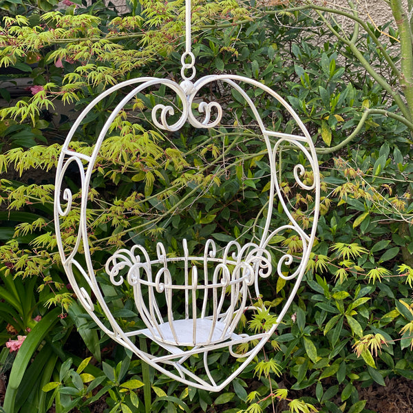 Wrought Iron Hanging Heart Pot Plant Medium Rustic Cream, Candle Holder