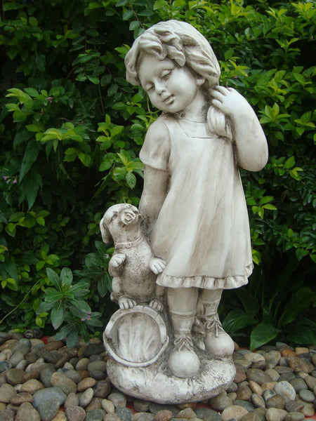 Statue Country Girl w Puppy Sculpture Figurine Ornament Feature Garden Decor 26X21X61cm